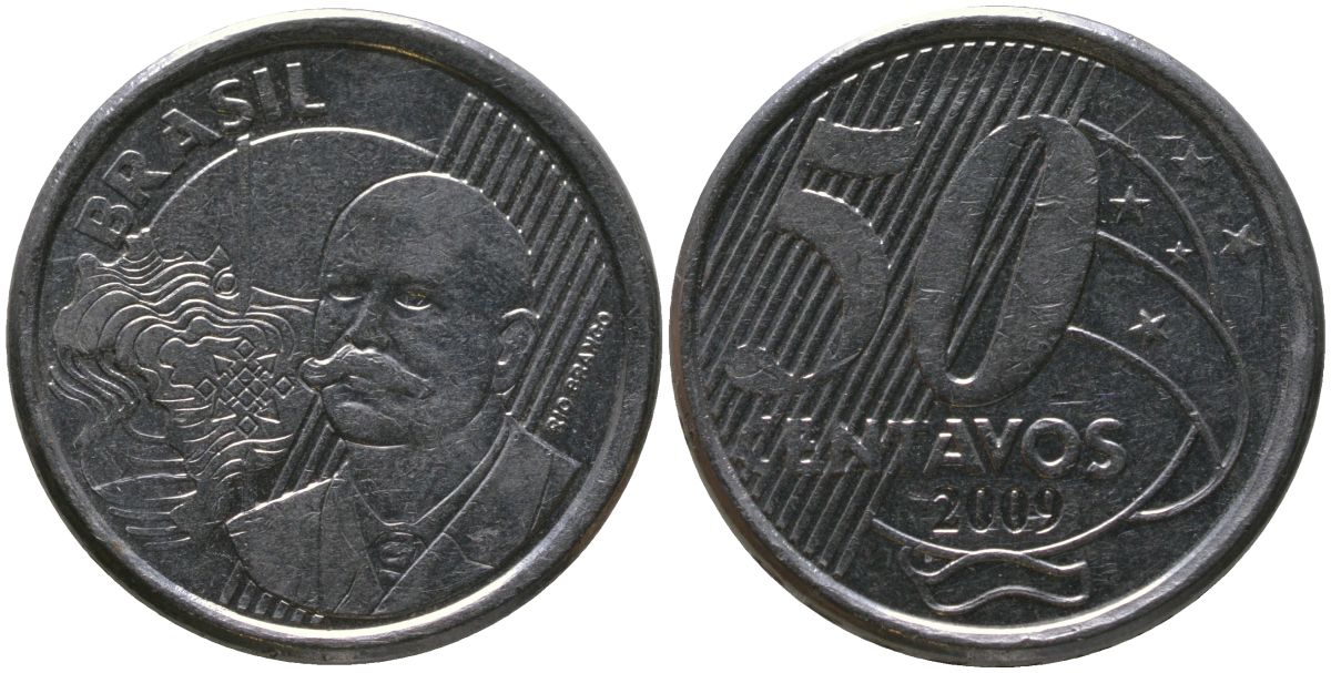 Бразилия 50 сентаво 2009 KM 651a, Schon 159a, Bentes 780 нержавеющая сталь 4523-517