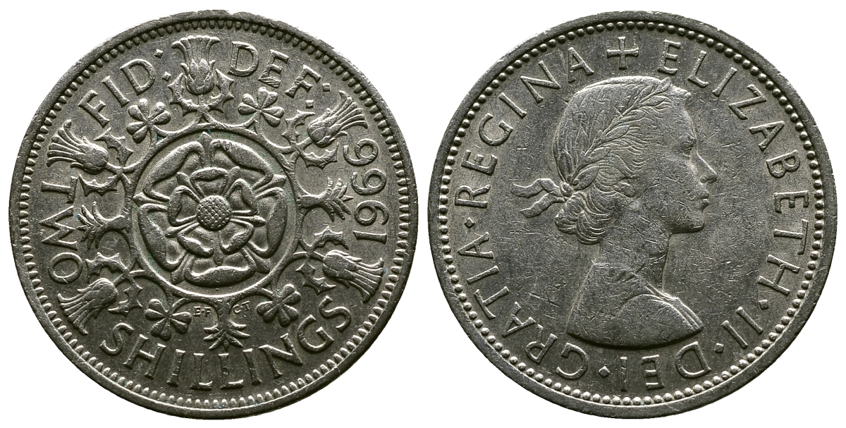 Великобритания 2 шиллинга (флорин) 1966 Елизавета II (1952-2022) KM 906, Spink 4146 медно-никель 4382-632