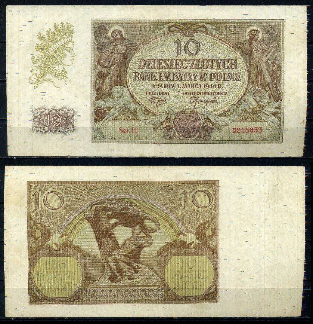 Польша 10 злотых 1940 Pick 94 (2) бумага 7552-8-2-2