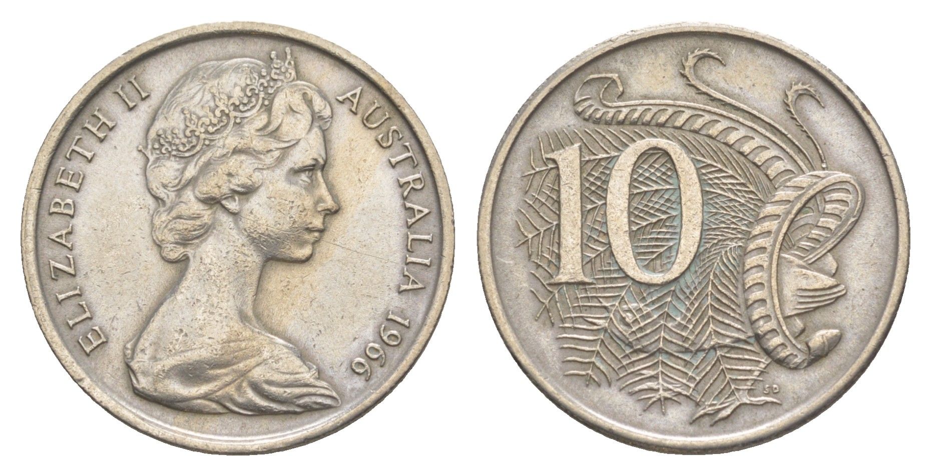 Австралия 10 центов 1966 Елизавета II (1952-2022), птица лирахвост KM 65 медно-никель 4364-3524