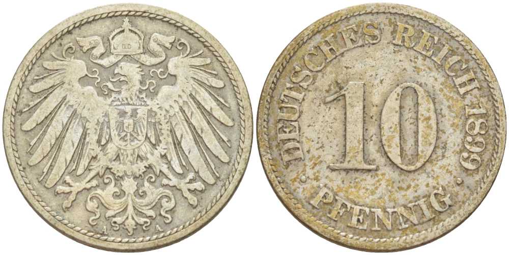 ГЕРМАНИЯ 10 ПФЕННИГОВ 1899 A KM 12, J. 13, Weege 8 медно-никель 261-1334