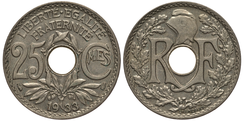 Франция 25 сантимов 1933 тип Линдауэр KM 867a, Le Franc 171 медно-никель 202-122