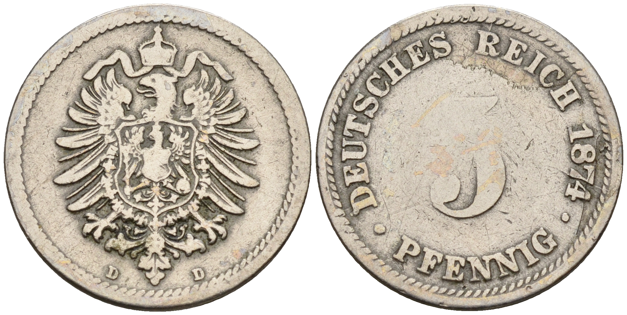 Германия 5 пфеннигов 1874 D, старогербовка KM 3, J. 3 медно-никель    4152-1245