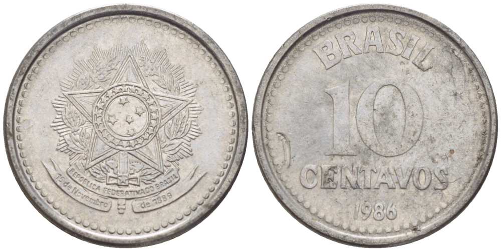 БРАЗИЛИЯ 10 СЕНТАВО 1986 РЕФОРМА 1986-1989 KM 602 нержавеющая сталь 100-319