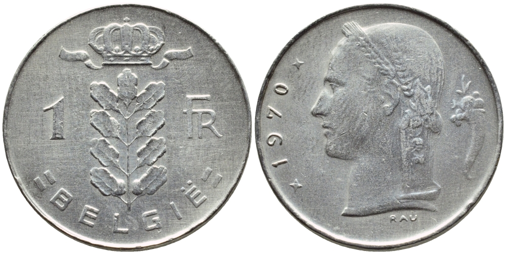 БЕЛЬГИЯ 1 ФРАНК 1970 BELGIE KM 143.1 медно-никель 4385-446