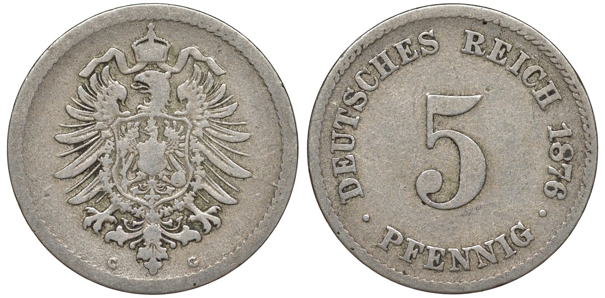 Германия 5 пфеннигов 1876 C, старогербовка KM 3, J. 3 медно-никель 51-3231