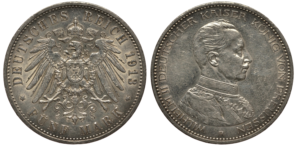 Пруссия 5 марок 1913 Вильгельм II в мундире KM 536, J.114 серебро 3711-423