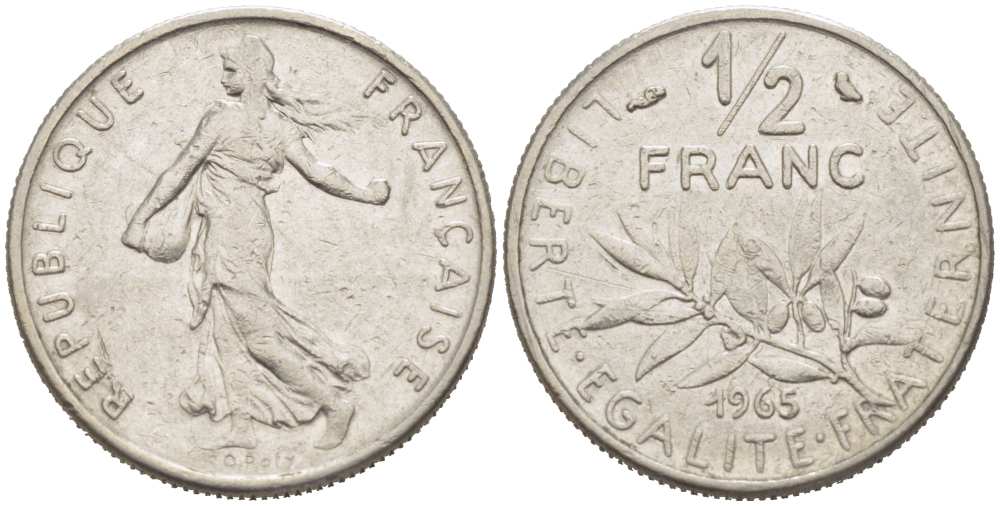 Франция 1/2 франка 1965 сеятель KM 931, Le Franc 198.3 никель 218-1215