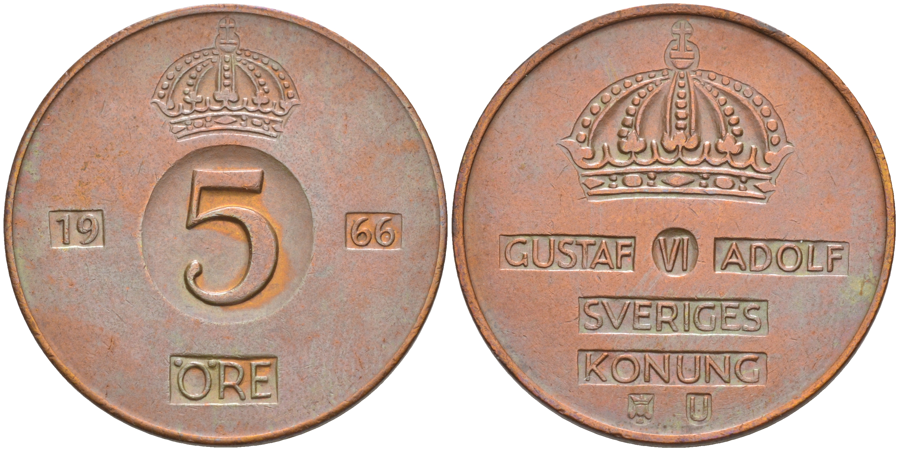 Швеция 5 эре 1966 Густав VI Адольф (1950-1973) KM 822 бронза 4111-136