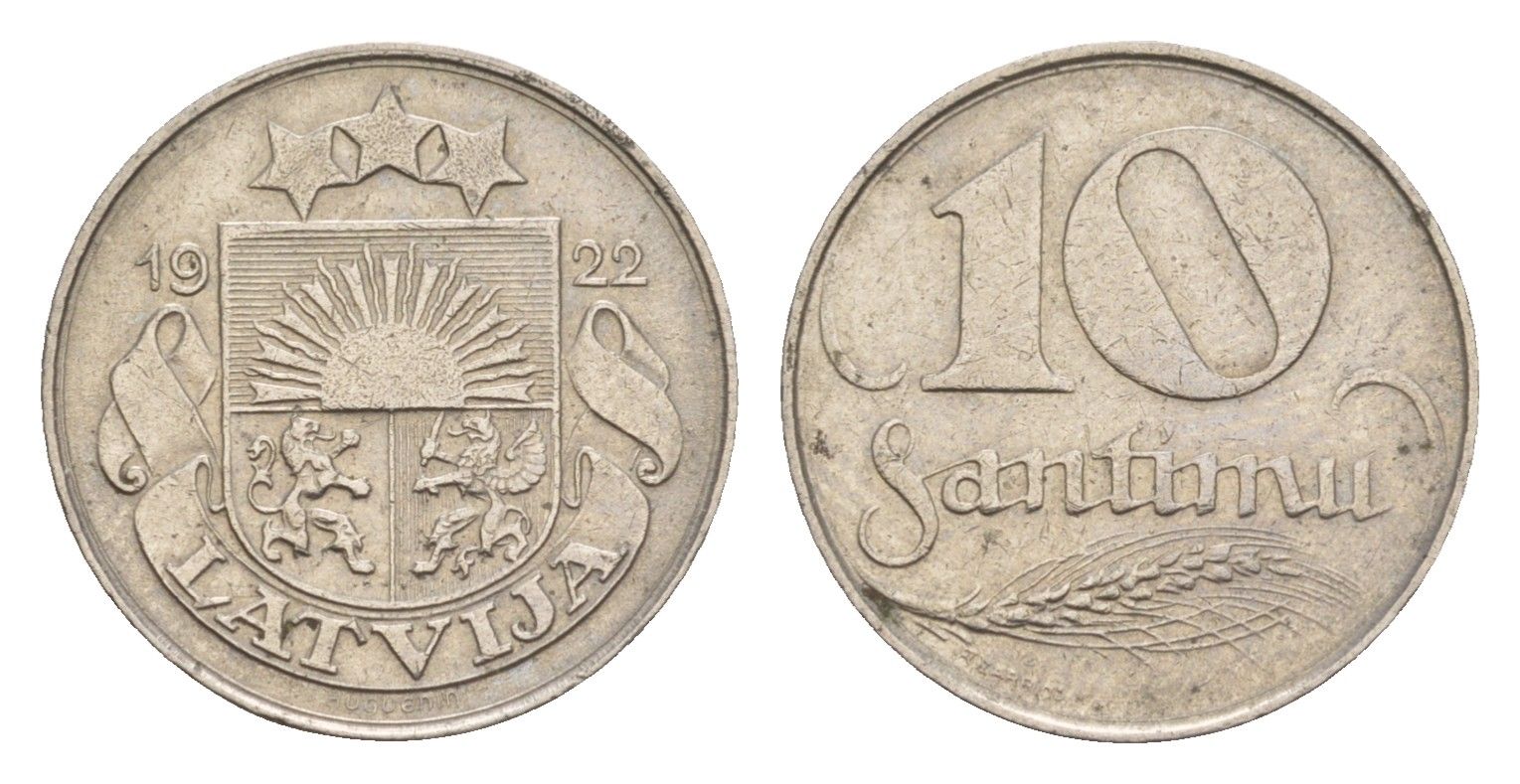 Латвия 10 сантимов 1922 год-тип KM 4 никель    4658-1223