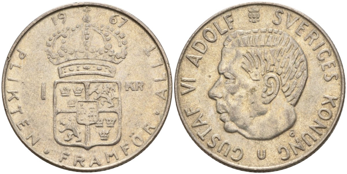 Швеция 1 крона 1967 U, Густав VI Адольф (1950-1973) KM 826 серебро 4150-231