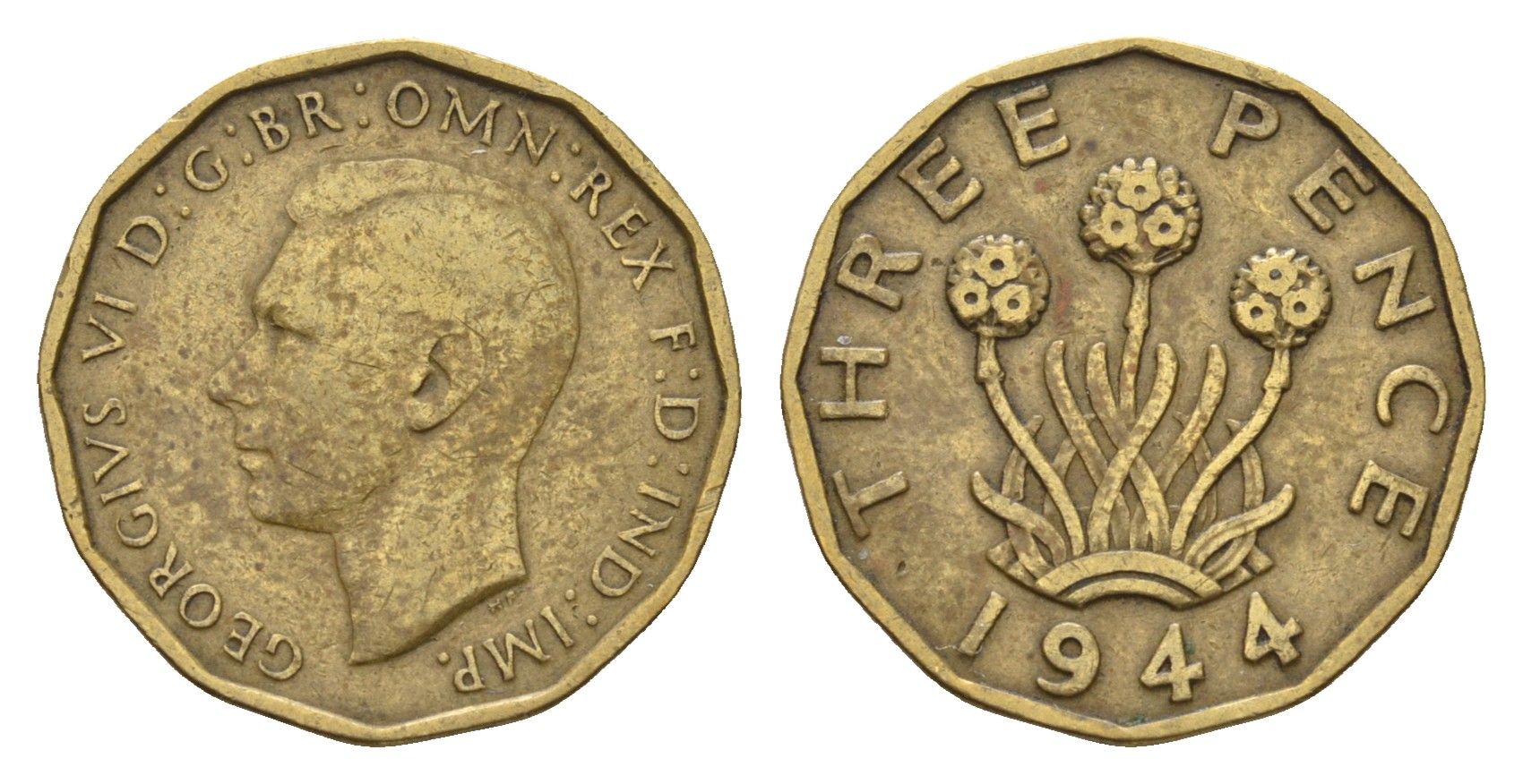 Великобритания 3 пенса 1944 Георг VI (1936-1952) KM 849, Spink 4112 никель латунь 4116-652