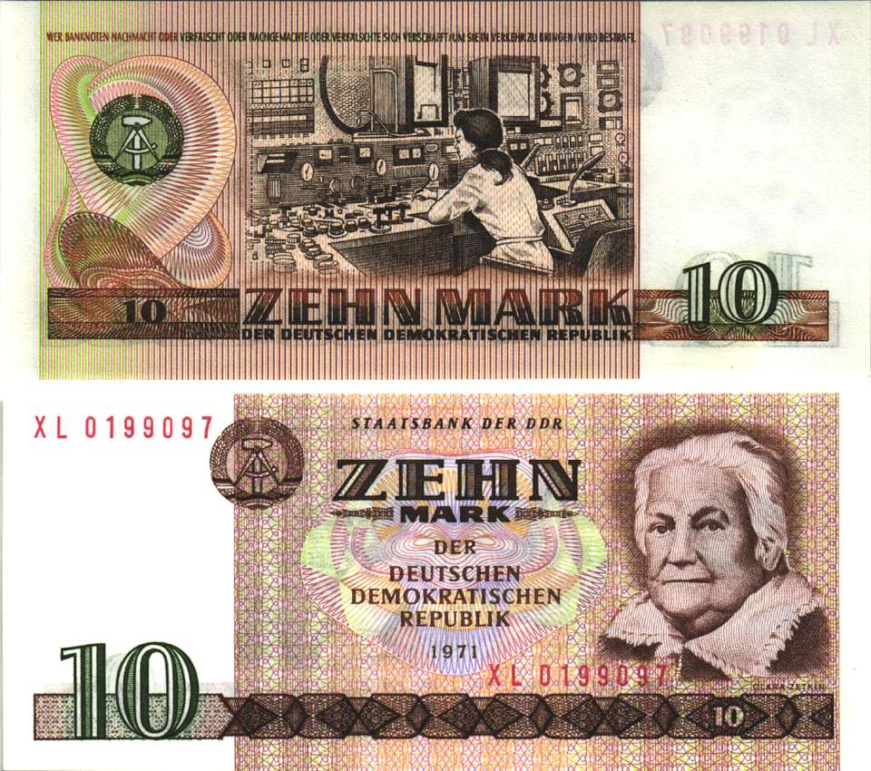 ГДР 10 МАРОК 1985 КЛАРА ЦЕТКИН, 7 ЦИФР В НОМЕРЕ Pick 28b бумага UNC (ПРЕСС) 2192-12-1-2