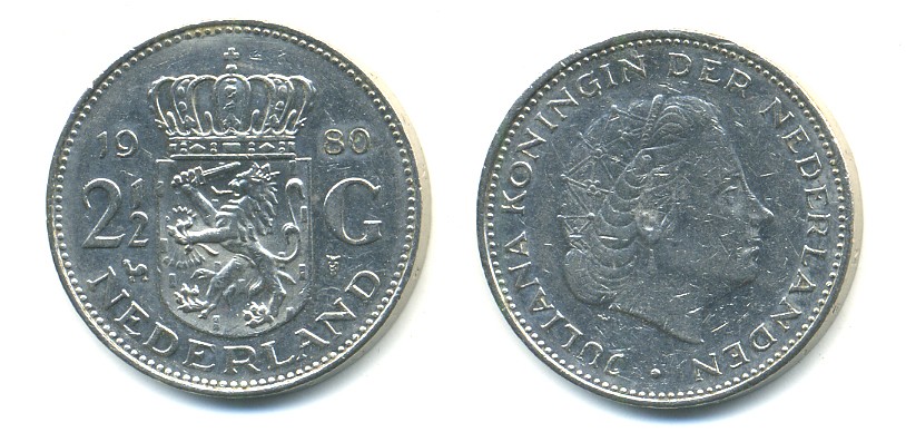 Нидерланды 2 1/2 гульдена 1980 Юлиана (1948-1980) KM 191 никель 84-1322