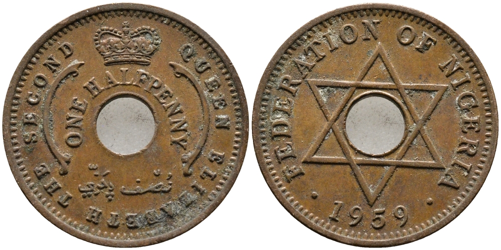 Нигерия 1/2 пенни 1959 Елизавета II (1952-), Британский протекторат KM 1 бронза 4387-212