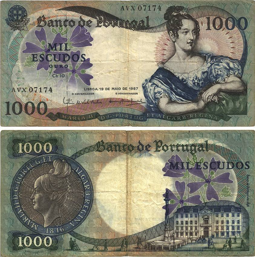 Португалия 1000 эскудо 1967 королева Мария II, Центральный банк Pick 172a бумага 8606-34-1-2
