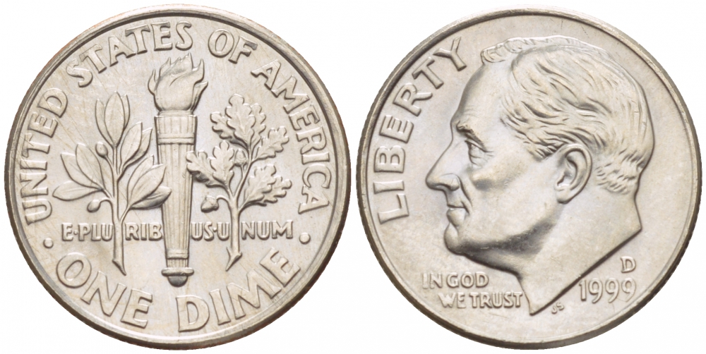 США 10 ЦЕНТОВ = 1 ДАЙМ 1999 D, РУЗВЕЛЬТ KM 195а медь плакированная медно-никелем 4547-953