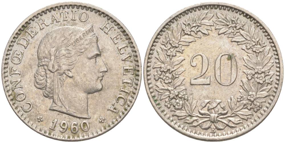 Швейцария 20 раппенов 1960 В KM 29a медно-никель 55-754