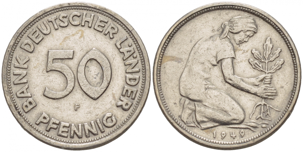 ФРГ 50 пфеннигов 1949 F KM 104, J. 379 медно-никель 4532-339