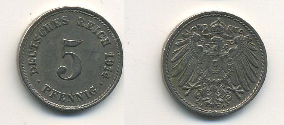 ГЕРМАНИЯ 5 ПФЕННИГОВ 1914 G KM 11, J. 12 медно-никель 54-655