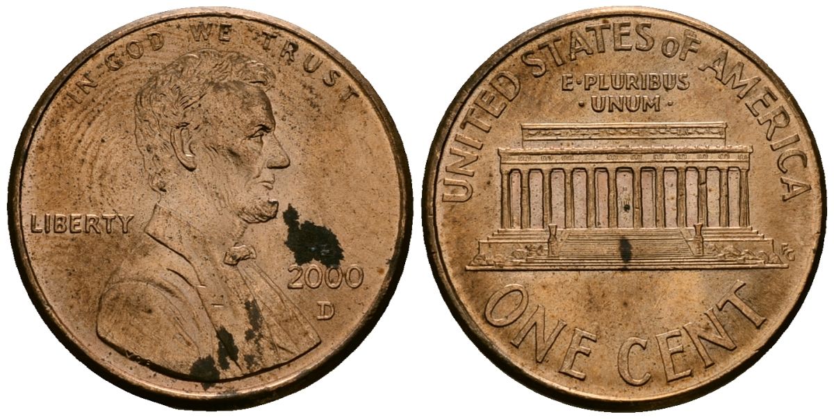США 1 цент 2000 D, Линкольн KM 201b цинк плакированный медью 4136-363