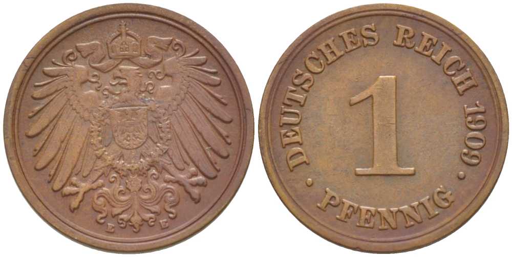 ГЕРМАНИЯ 1 ПФЕННИГ 1909 E KM 10, J. 10, Weege 2 медь 211-419