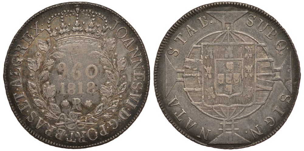Бразилия 960 рейс 1818 R,  Жуан IV Португальский (1818-1822), красивая золотистая патина KM 326.1 серебро 00-00