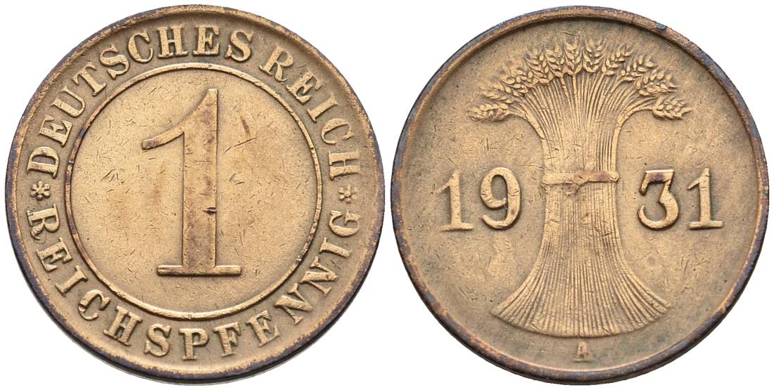 Германия 1 рейхспфенниг 1931 A KM 37, J. 313, Weege 2 бронза 4547-155