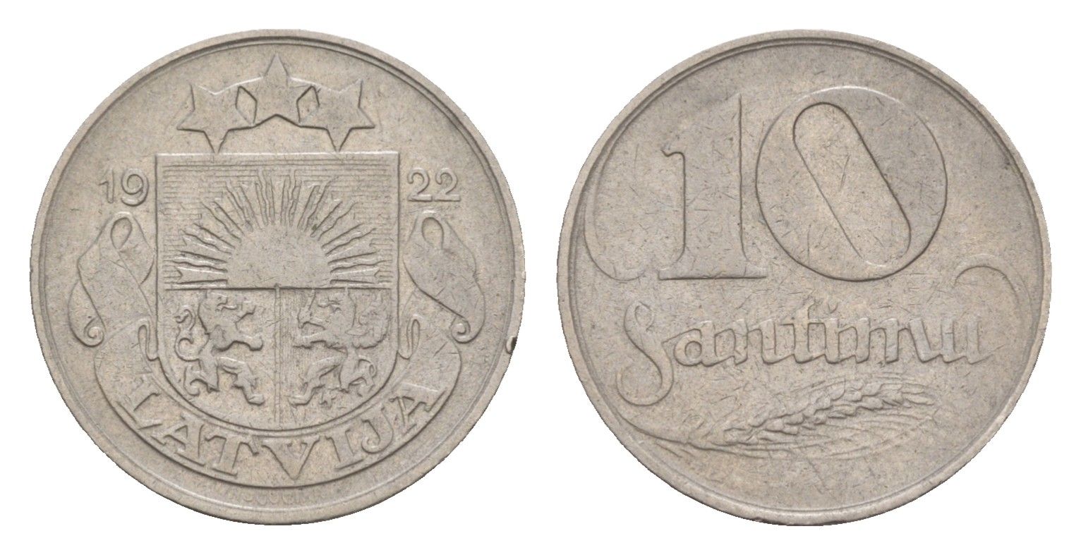 Латвия 10 сантимов 1922 год-тип KM 4 никель 4658-1228