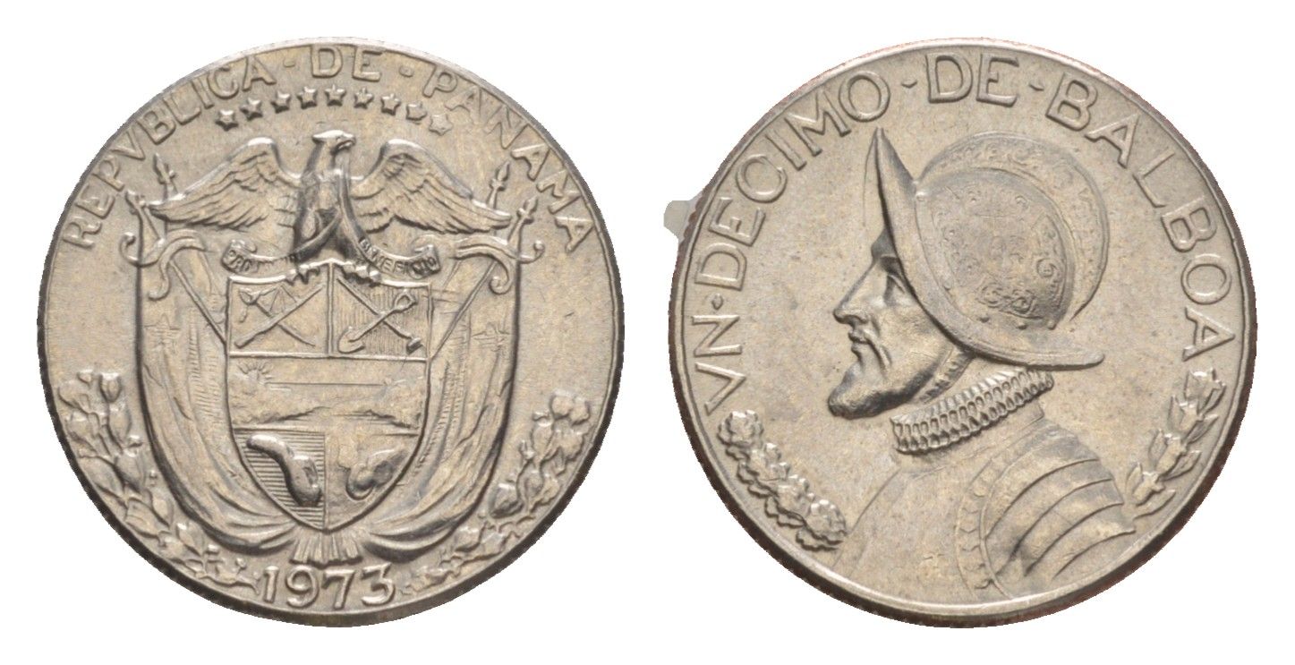 Панама 1/10 бальбоа (10 сентесимо) 1973 KM 10 медь плакированная медно-никелем UNC 4644-143