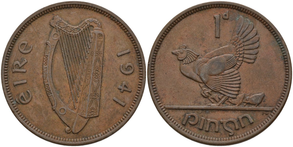 Ирландия 1 пенни 1941 курица с цыплятами KM 11 бронза 4144-1135