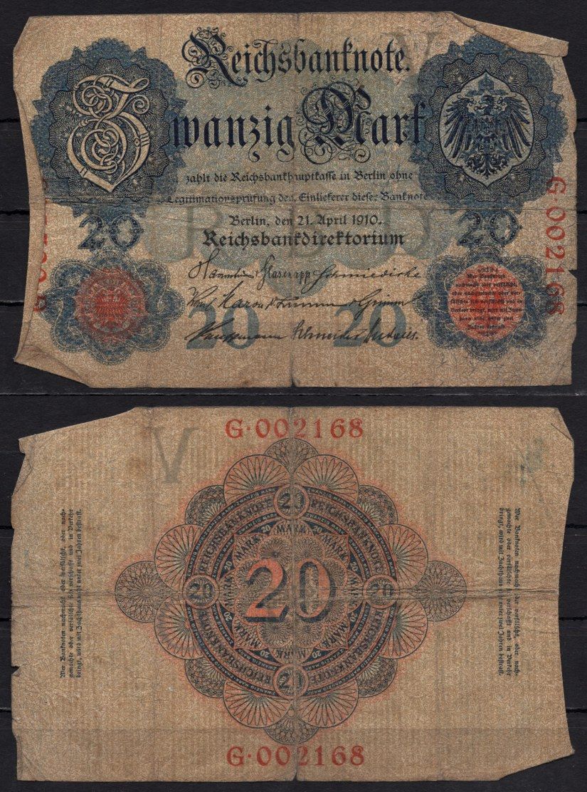 Германия 20 марок 1910 Pick 40 a бумага 6293-36-1-2