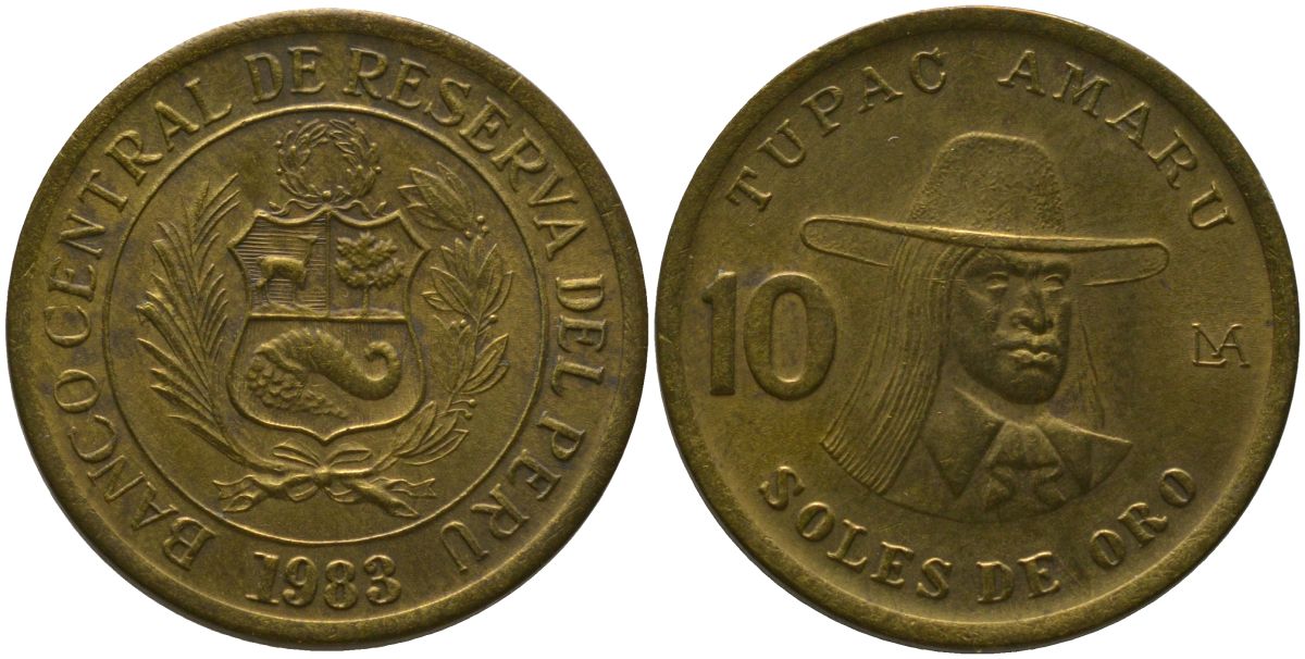 Перу 10 солей 1983 KM 272.2, Schon 73 латунь 4541-341