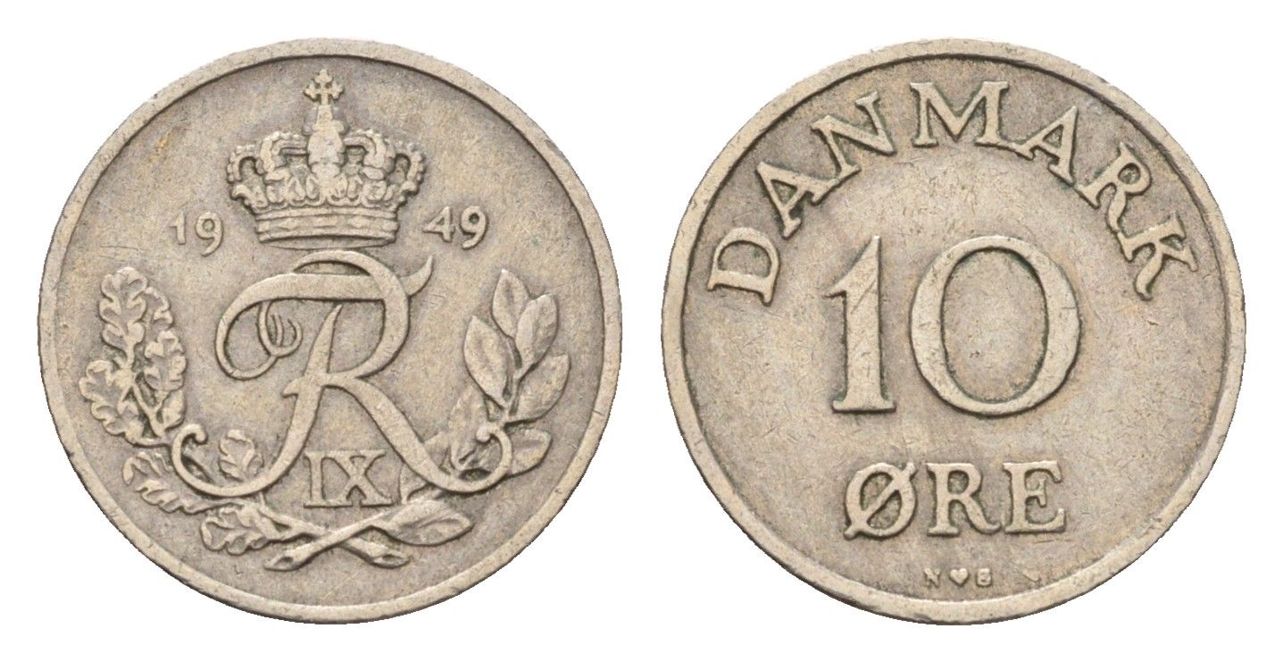 Дания 10 эре 1949 N, Фредерик IX (1947-1972) KM 841 медно-никель 4701-935