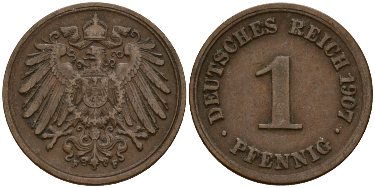 Германия 1 пфенниг 1907 F KM 10, J. 10 медь 4189-769