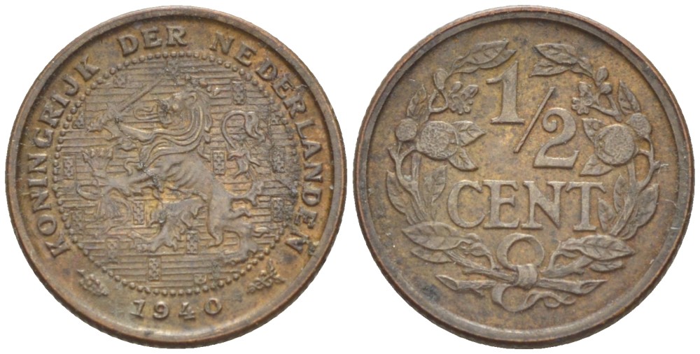НИДЕРЛАНДЫ 1/2 ЦЕНТА 1940 ВИЛЬГЕЛЬМИНА (1890-1948) KM 138 бронза 4525-1253