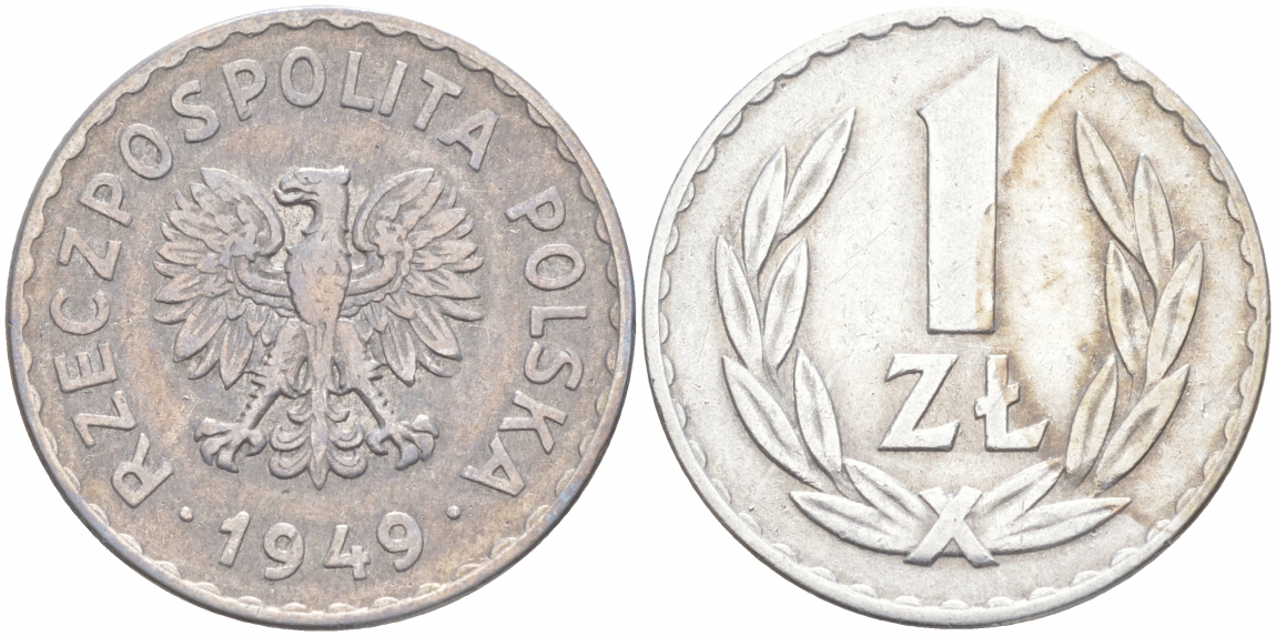 ПОЛЬША 1 ЗЛОТЫЙ 1949 KM 45а алюминий 68-413