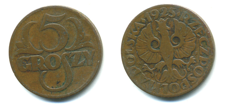 ПОЛЬША 5 ГРОШЕЙ 1925 w KM 10а бронза 4383-158