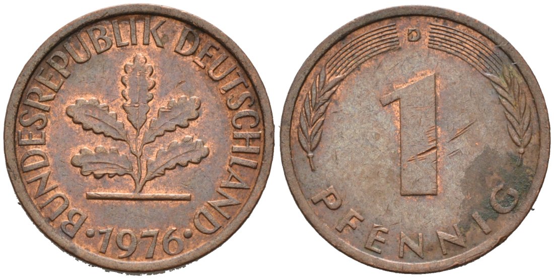 ФРГ 1 ПФЕННИГ 1976 D КМ 105, J. 380 сталь плакированная медью 4567-541
