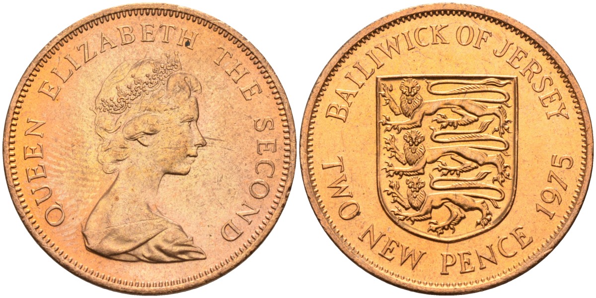 Джерси 2 пенса 1975 герб, Елизавета II (1952-2022) KM 31 бронза UNC 4367-431