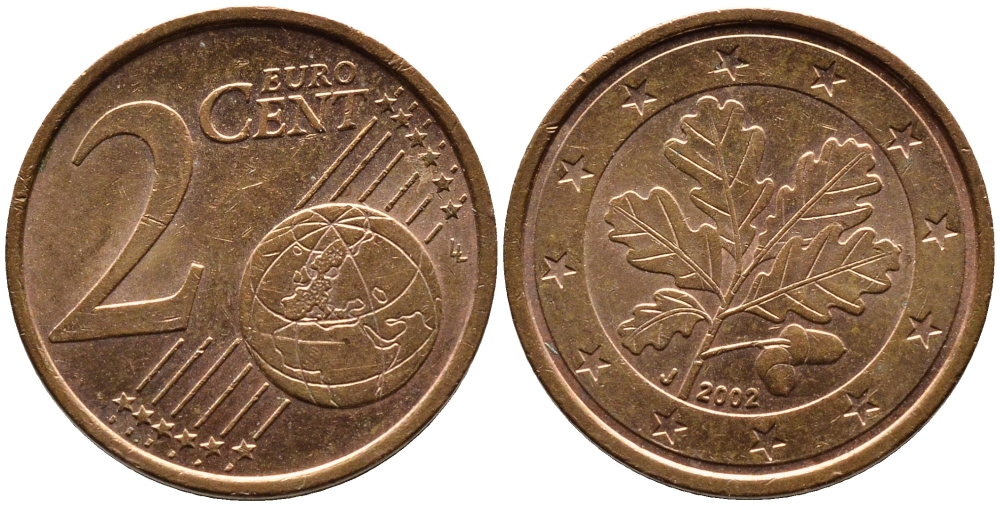 ГЕРМАНИЯ 2 ЕВРОЦЕНТА 2002 J KM 208 сталь плакированная медью 4387-1234