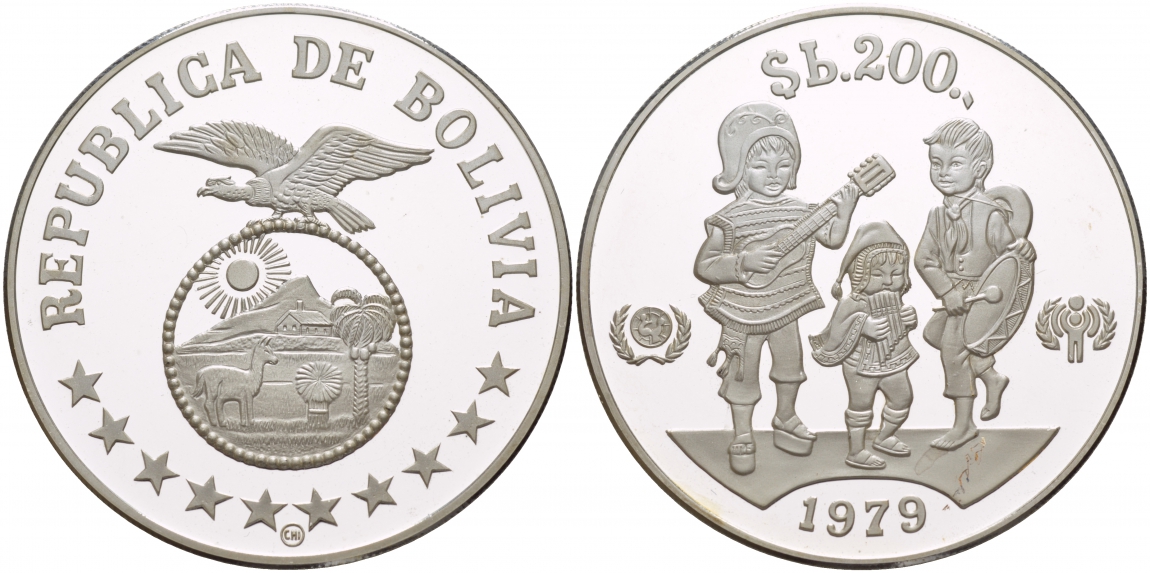 Боливия 200 песо 1979 Международный год защиты детей KM 198 серебро PROOF 11-183-32