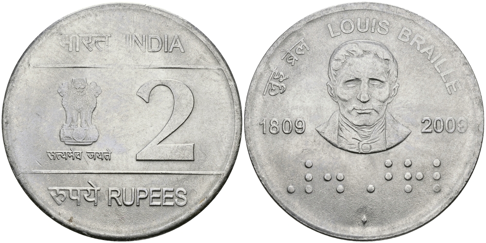 Индия 2 рупии 2009 200 лет Луи Брайлю KM NEW медно-никель UNC 95-154