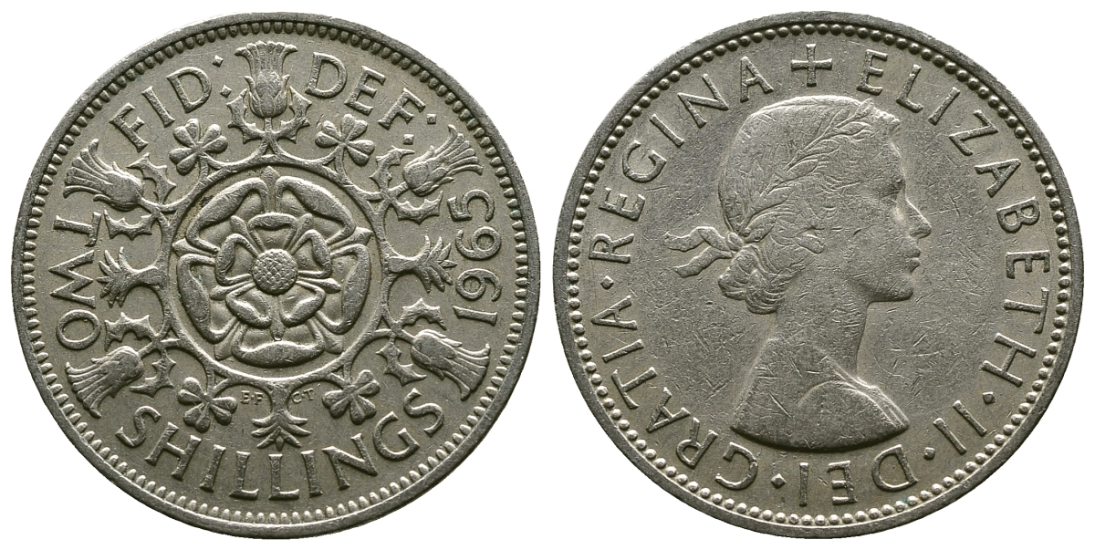 Великобритания 2 шиллинга (флорин) 1965 Елизавета II (1952-2022) KM 906, Spink 4146 медно-никель 4382-534