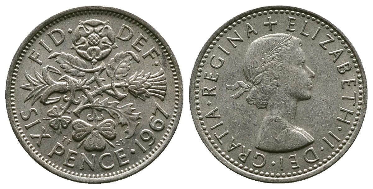 Великобритания 6 пенсов 1967 Елизавета II (1952-2022) KM 903, Spink 4149 медно-никель 4381-856