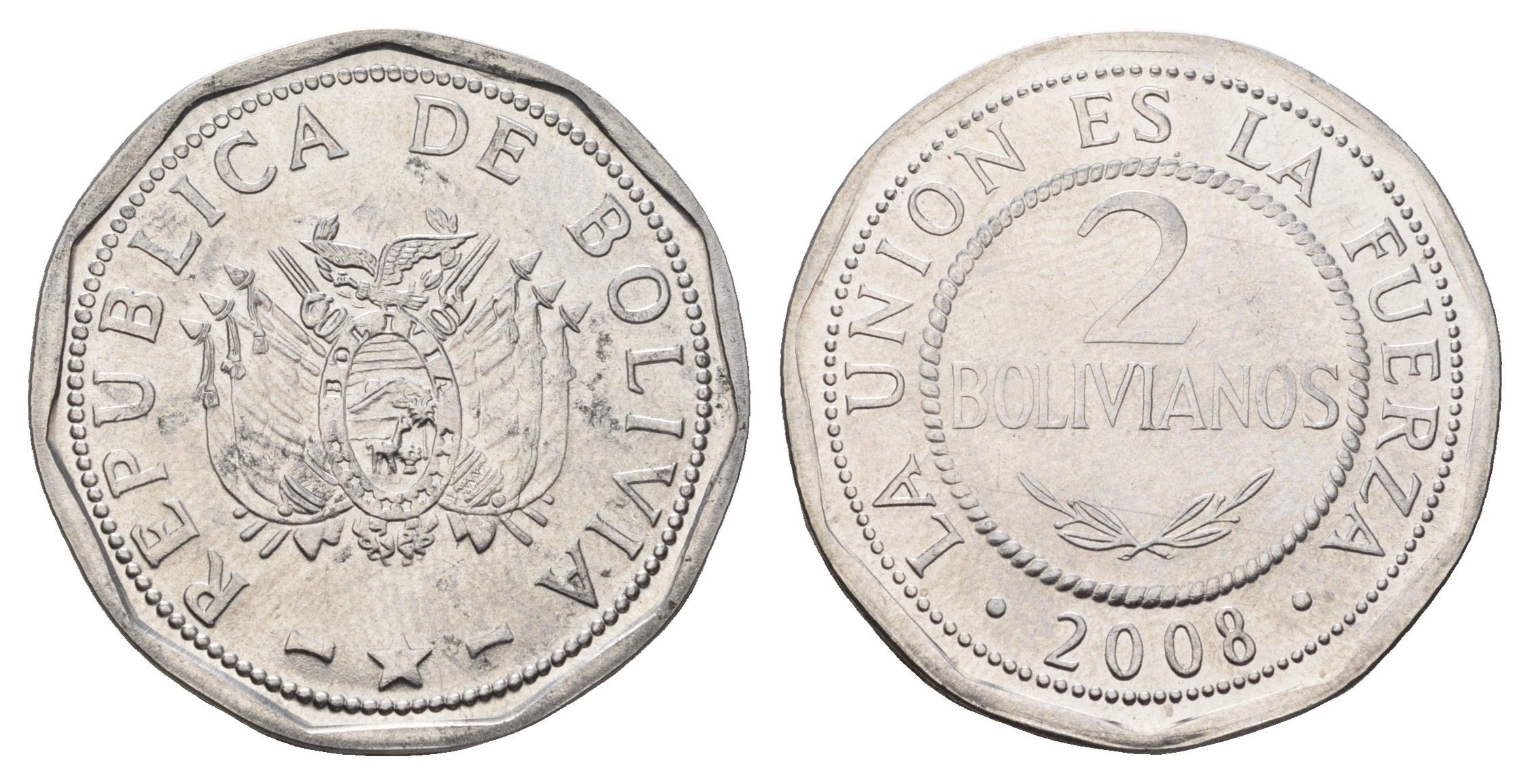 Боливия 2 боливиано 2008 KM 206.2 нержавеющая сталь UNC 4700-1252