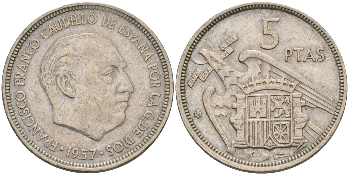 Испания 5 песет 1957 (58) Франсиско Франко (1939 - 1975) KM 786 медно-никель 4155-523