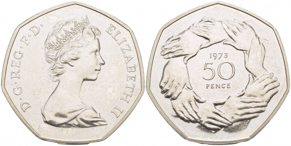 Великобритания 50 пенсов 1973 Елизавета II (1952-2022), вступление в Европейское экономическое сообщество KM 918, Spink 4224 медно-никель UNC 115-1134