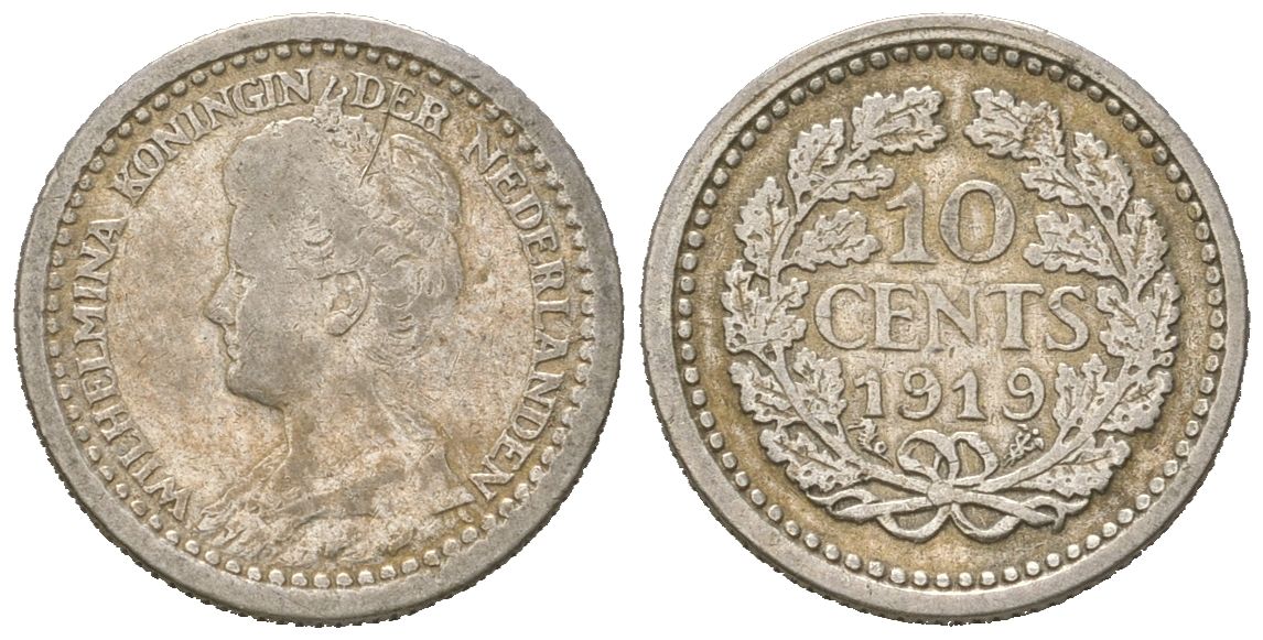 Нидерланды 10 центов 1919 Вильгельмина (1890-1948) KM 145 серебро 4611-223