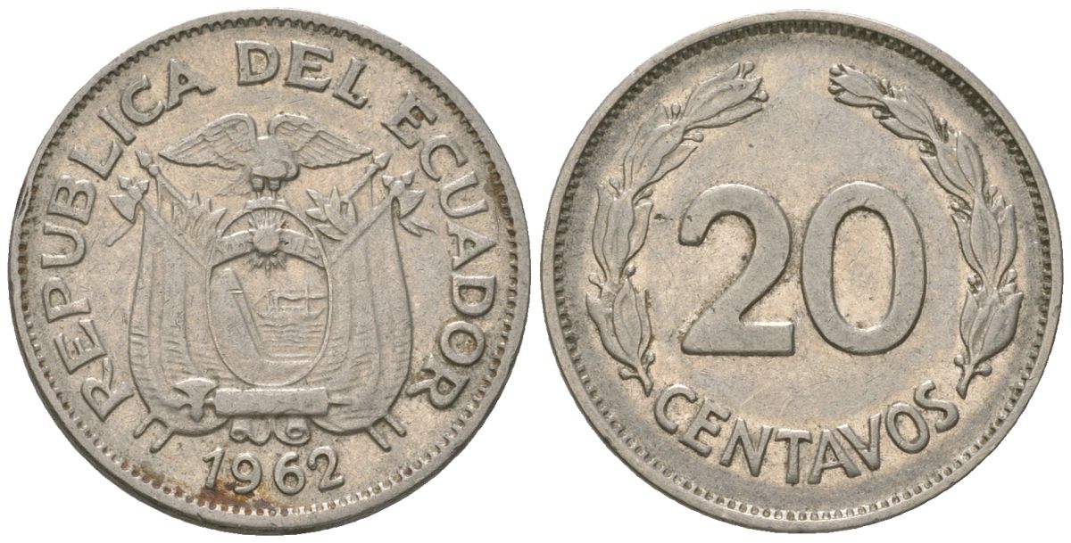Эквадор 20 сентаво 1962 KM 77.1c сталь плакированная никелем 4611-711
